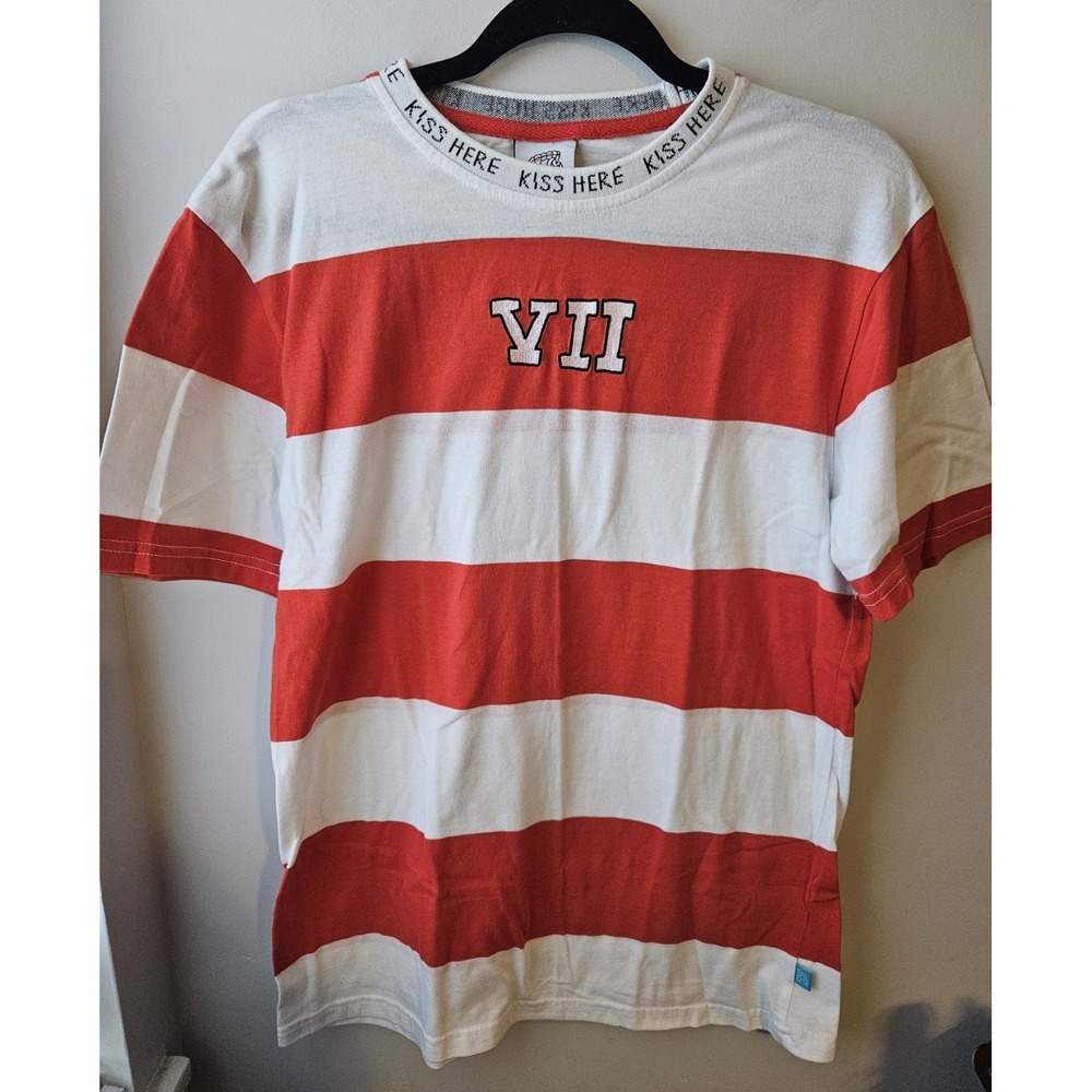 Salem7 Kiss Here VII Striped‎ Graphic T-Shirt Red White Streetwear S Embroidered